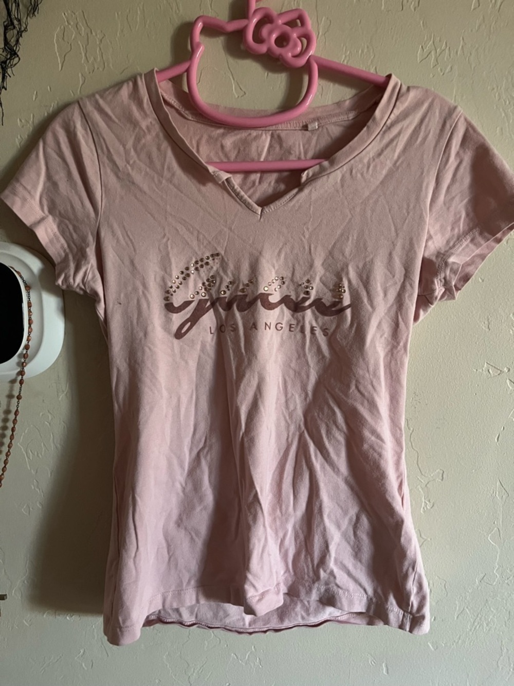 Guess Pink V-Neck Logo Tee with Stud Embellishments